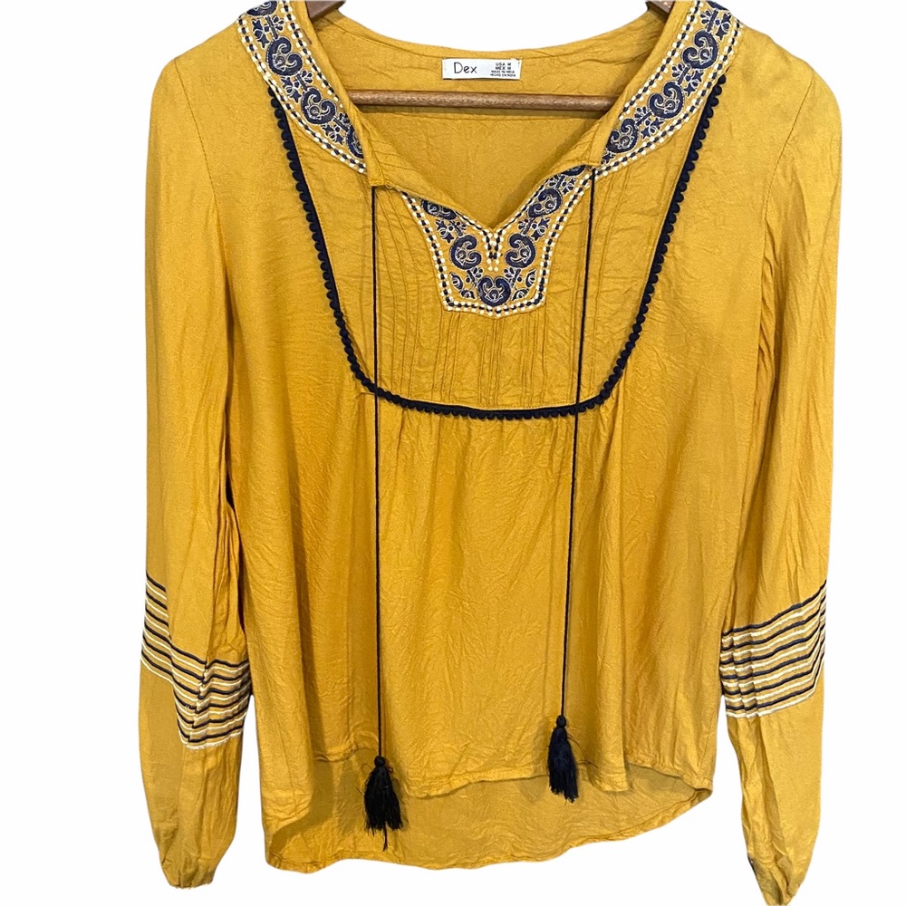 Dex Mustard Embroidered Peasant Top Tassels